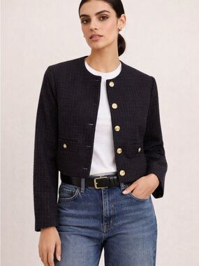 Abercrombie Cropped Tweed Lady Jacket Navy Gold Buttons Collarless Blazer Small